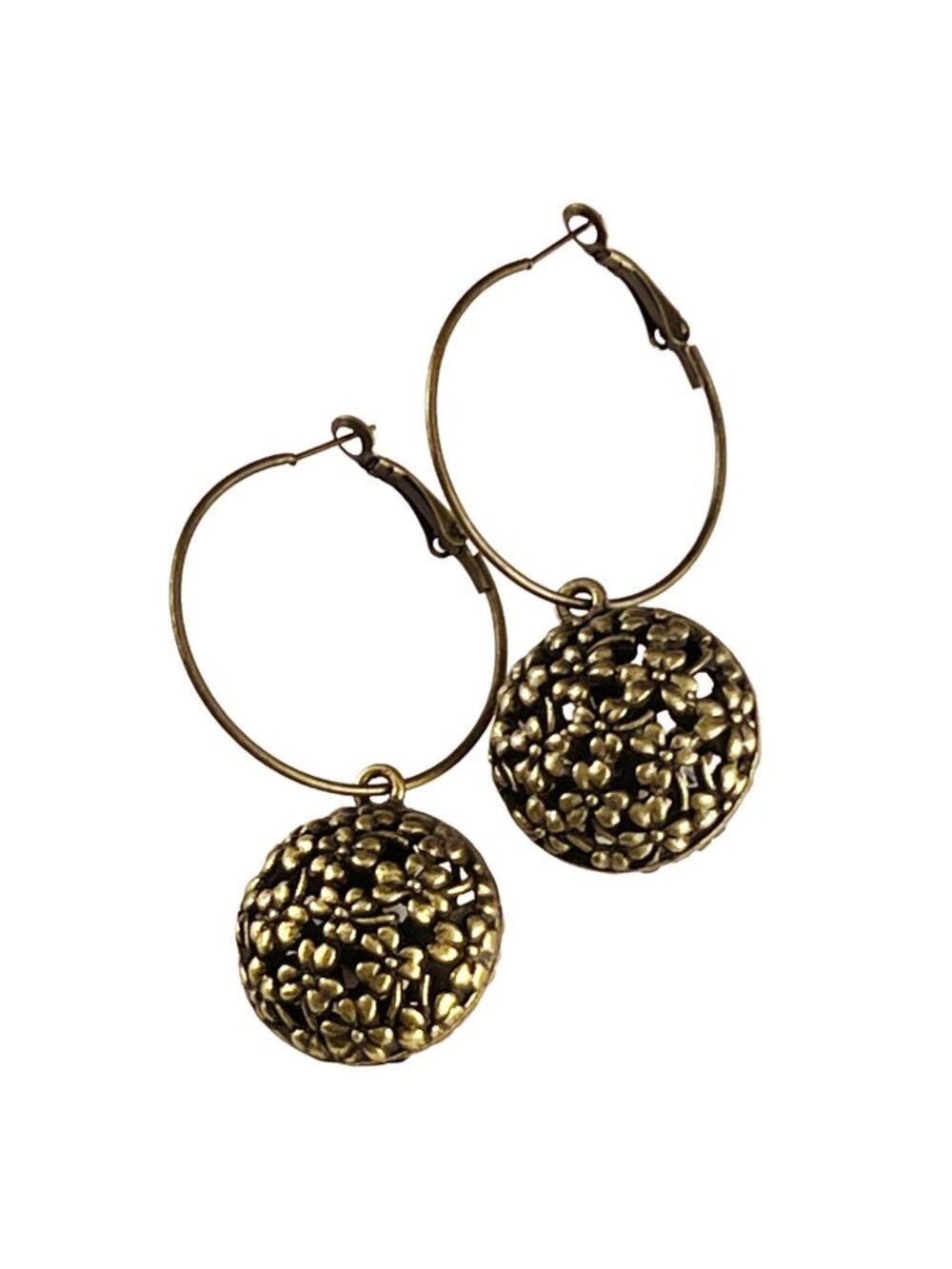 Floral Filigree Ball Hoop Earrings Vintage Style Antique Bronze